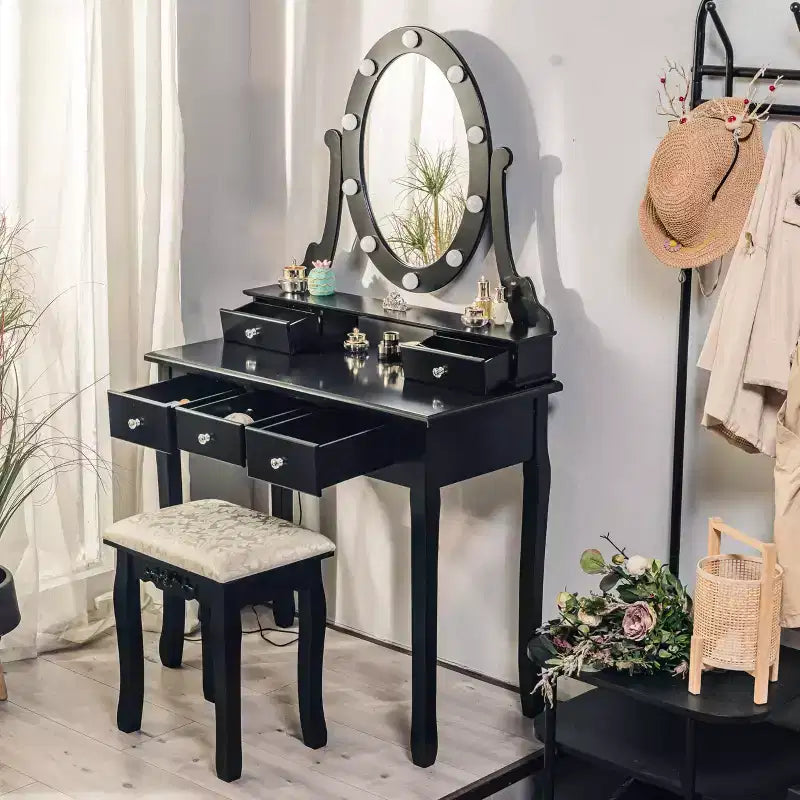 Toeletta, set toeletta da ragazza con specchio illuminato e sgabello, tavolo da trucco con 5 cassetti, tavolo da trucco