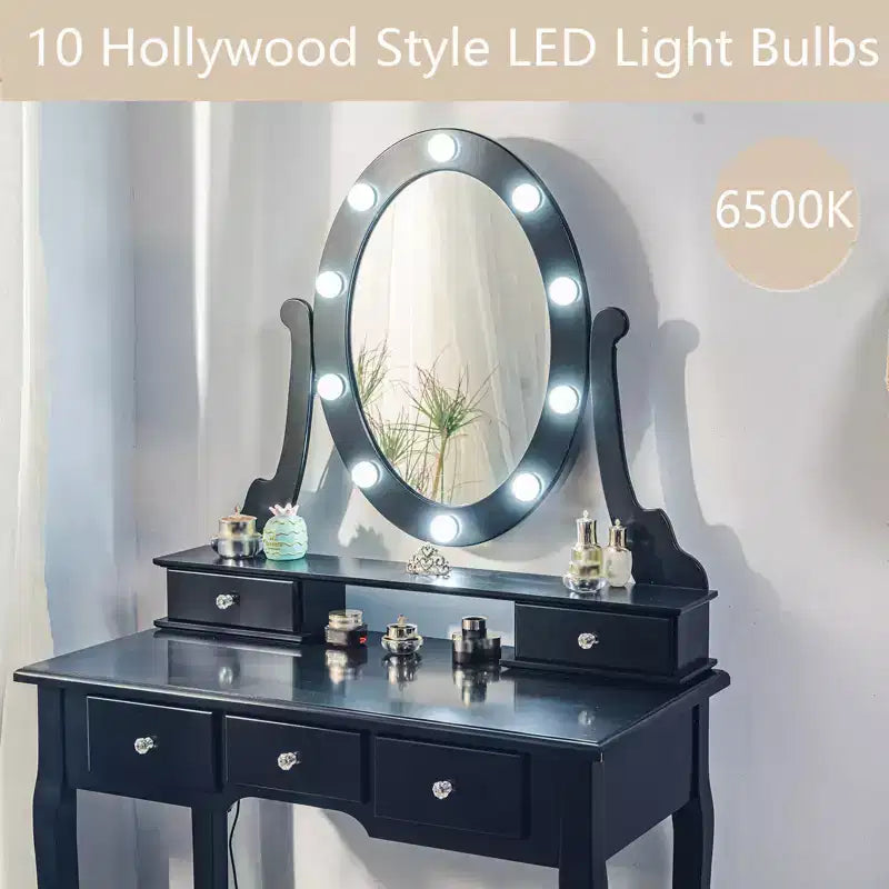 Toeletta, set toeletta da ragazza con specchio illuminato e sgabello, tavolo da trucco con 5 cassetti, tavolo da trucco