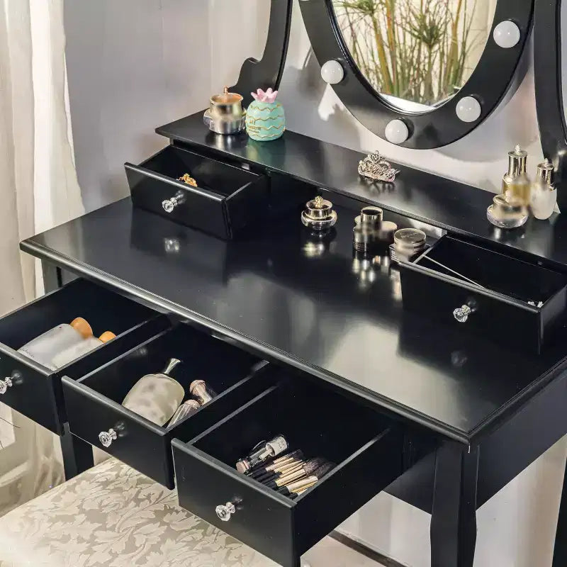 Toeletta, set toeletta da ragazza con specchio illuminato e sgabello, tavolo da trucco con 5 cassetti, tavolo da trucco