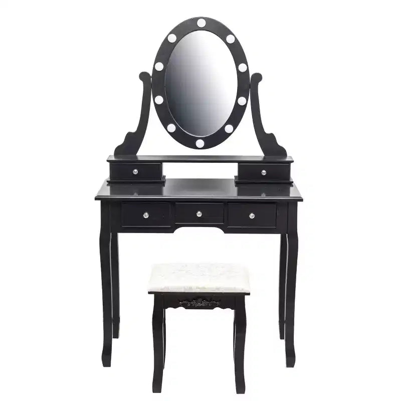 Toeletta, set toeletta da ragazza con specchio illuminato e sgabello, tavolo da trucco con 5 cassetti, tavolo da trucco