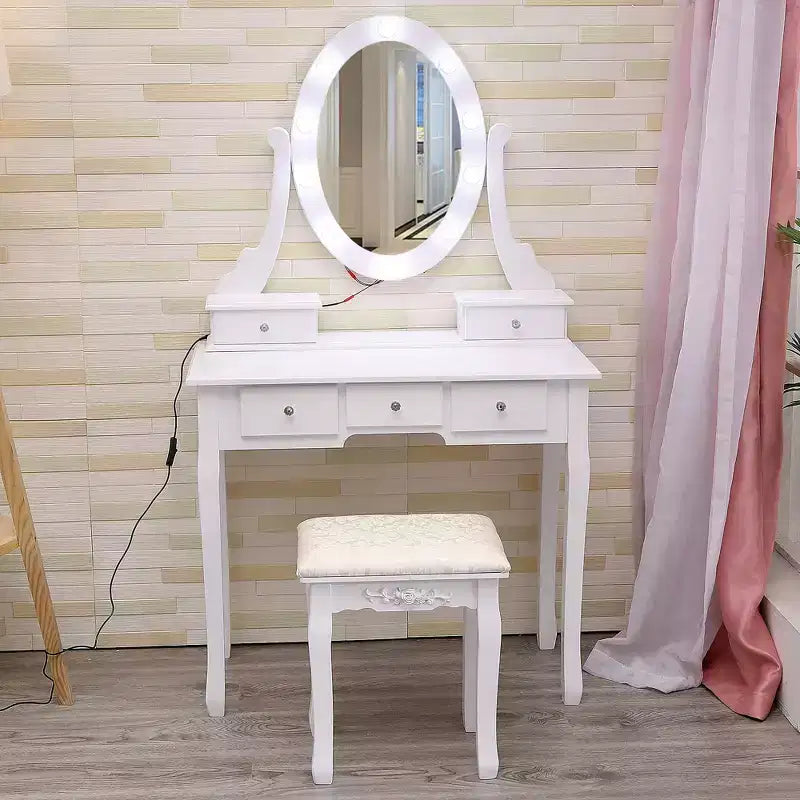 Toeletta, set toeletta da ragazza con specchio illuminato e sgabello, tavolo da trucco con 5 cassetti, tavolo da trucco