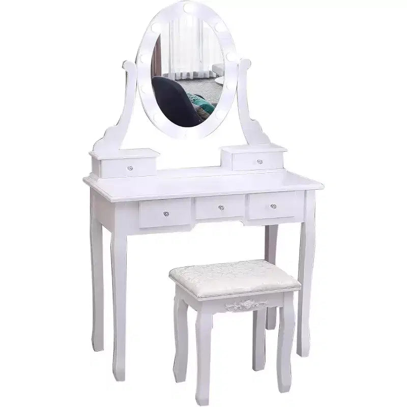 Toeletta, set toeletta da ragazza con specchio illuminato e sgabello, tavolo da trucco con 5 cassetti, tavolo da trucco