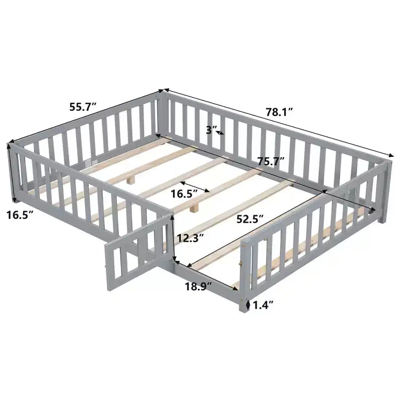 Letto Montessori a terra di dimensioni standard per bambini con doghe di supporto e sponde di protezione