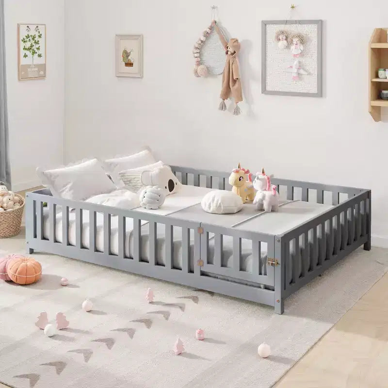 Letto Montessori a terra di dimensioni standard per bambini con doghe di supporto e sponde di protezione