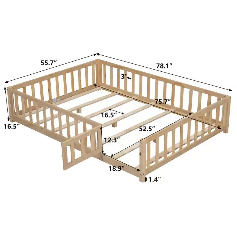 Letto Montessori a terra di dimensioni standard per bambini con doghe di supporto e sponde di protezione