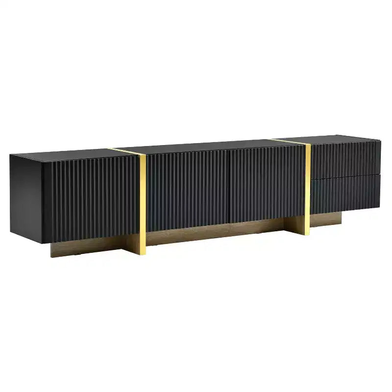 Mobile TV scanalato per TV da 80 pollici con cassetti, mobile porta TV in legno, console multimediale per centro di intrattenimento con gambe in legno a venatura dorata