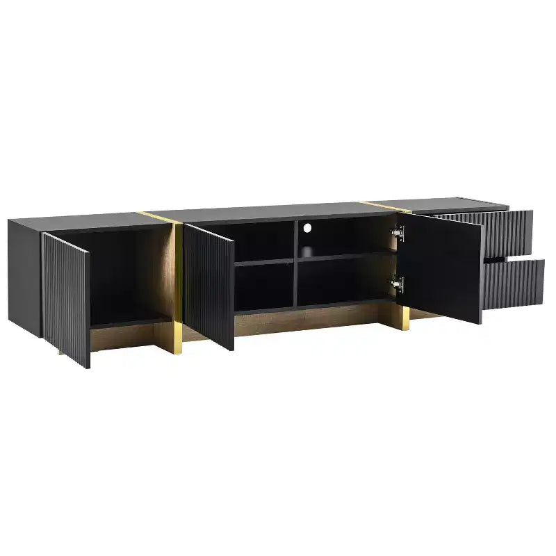 Mobile TV scanalato per TV da 80 pollici con cassetti, mobile porta TV in legno, console multimediale per centro di intrattenimento con gambe in legno a venatura dorata