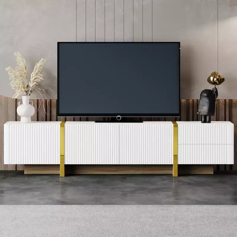 Mobile TV scanalato per TV da 80 pollici con cassetti, mobile porta TV in legno, console multimediale per centro di intrattenimento con gambe in legno a venatura dorata