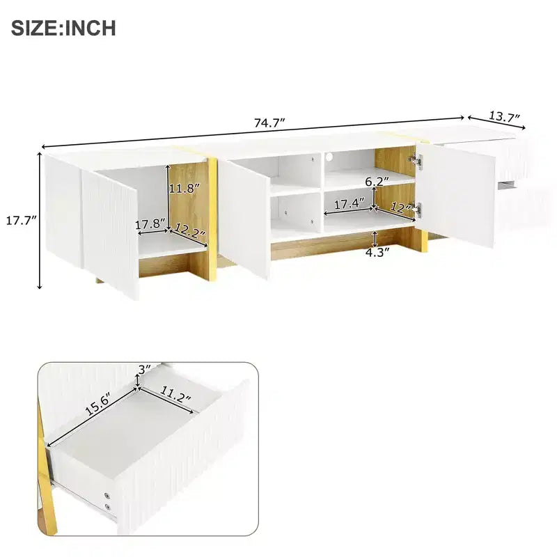 Mobile TV scanalato per TV da 80 pollici con cassetti, mobile porta TV in legno, console multimediale per centro di intrattenimento con gambe in legno a venatura dorata