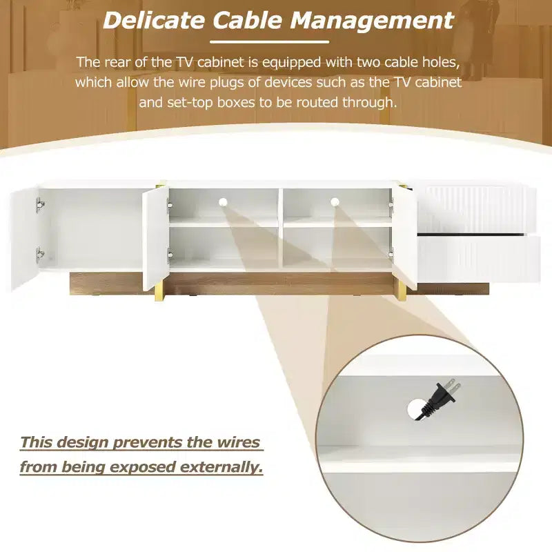 Mobile TV scanalato per TV da 80 pollici con cassetti, mobile porta TV in legno, console multimediale per centro di intrattenimento con gambe in legno a venatura dorata