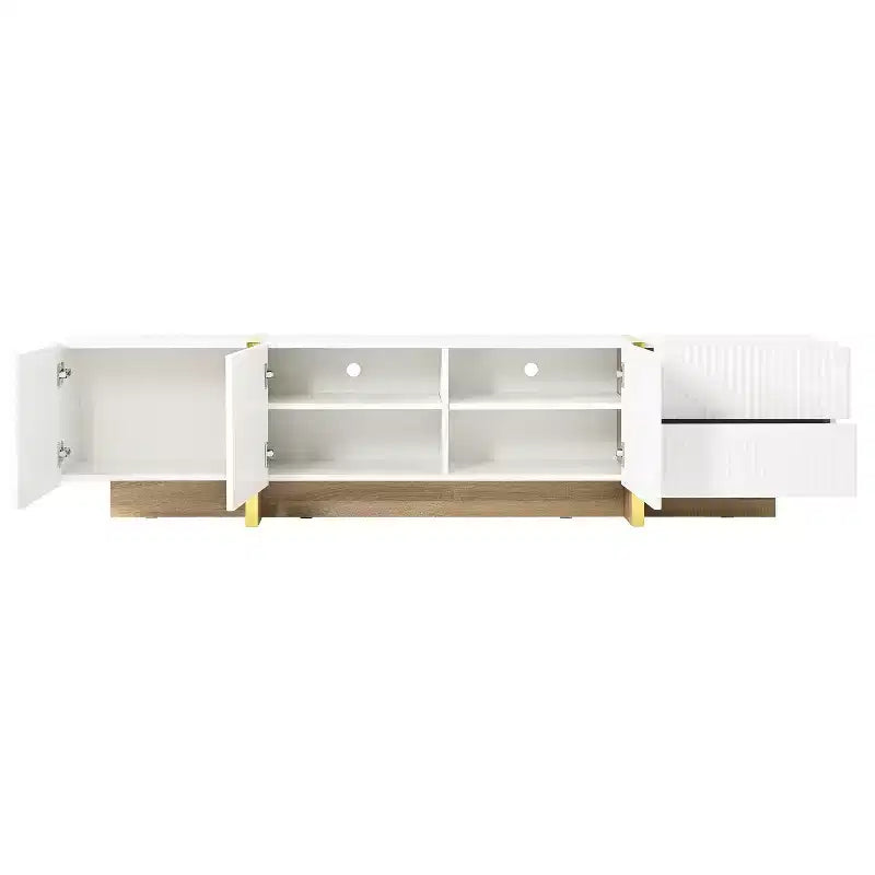 Mobile TV scanalato per TV da 80 pollici con cassetti, mobile porta TV in legno, console multimediale per centro di intrattenimento con gambe in legno a venatura dorata