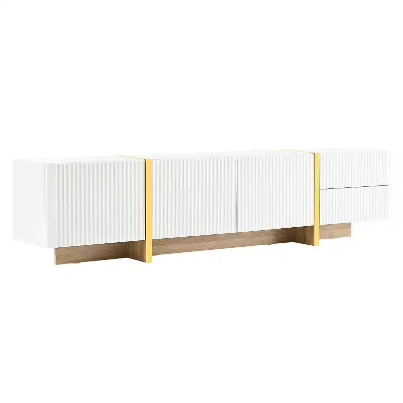 Mobile TV scanalato per TV da 80 pollici con cassetti, mobile porta TV in legno, console multimediale per centro di intrattenimento con gambe in legno a venatura dorata