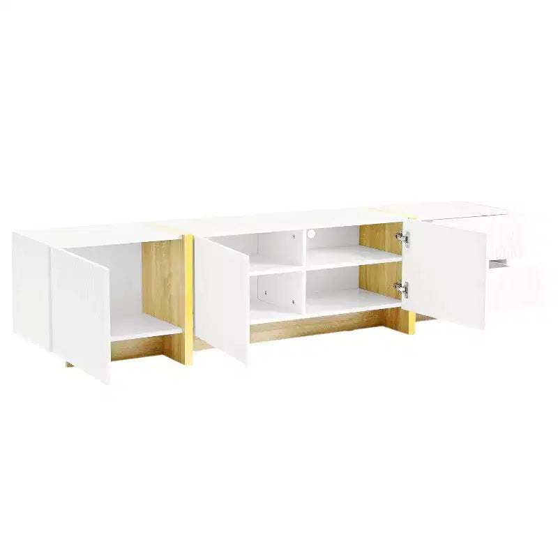 Mobile TV scanalato per TV da 80 pollici con cassetti, mobile porta TV in legno, console multimediale per centro di intrattenimento con gambe in legno a venatura dorata
