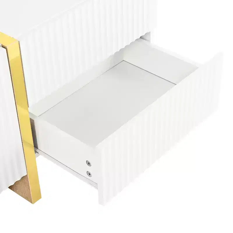 Mobile TV scanalato per TV da 80 pollici con cassetti, mobile porta TV in legno, console multimediale per centro di intrattenimento con gambe in legno a venatura dorata