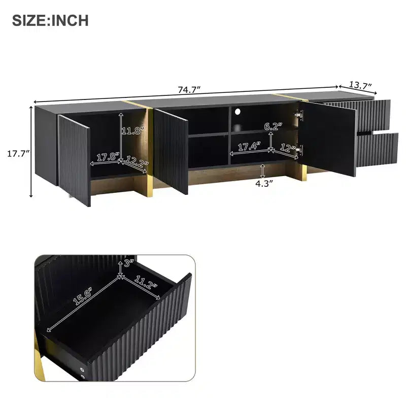 Mobile TV scanalato per TV da 80 pollici con cassetti, mobile porta TV in legno, console multimediale per centro di intrattenimento con gambe in legno a venatura dorata
