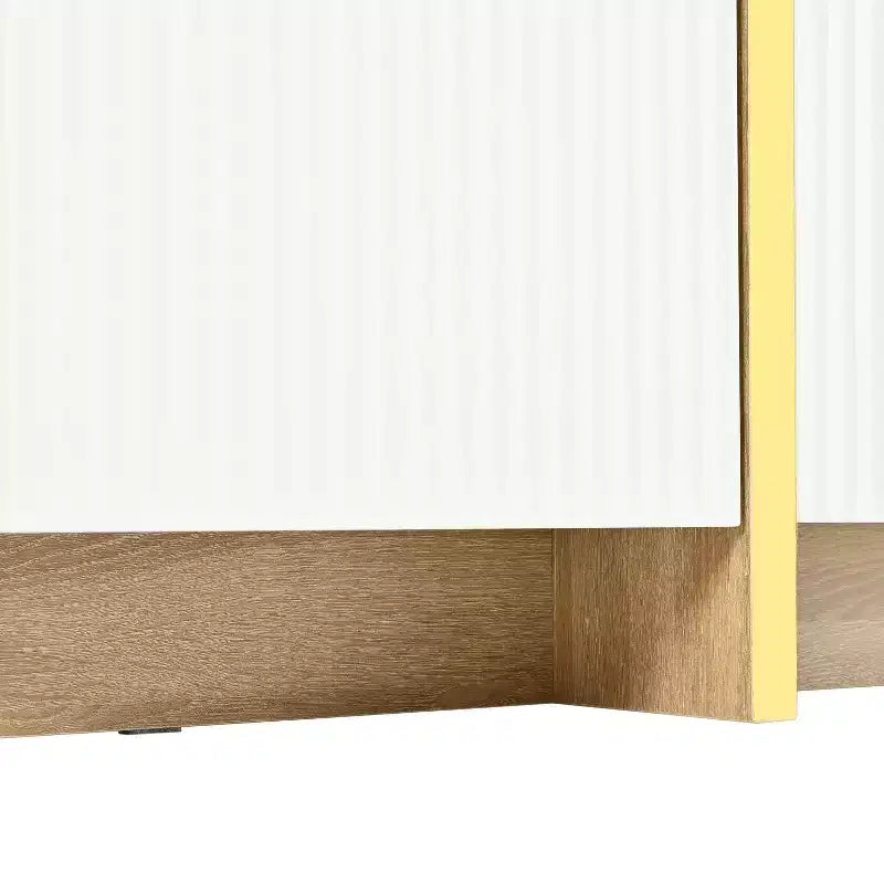 Mobile TV scanalato per TV da 80 pollici con cassetti, mobile porta TV in legno, console multimediale per centro di intrattenimento con gambe in legno a venatura dorata