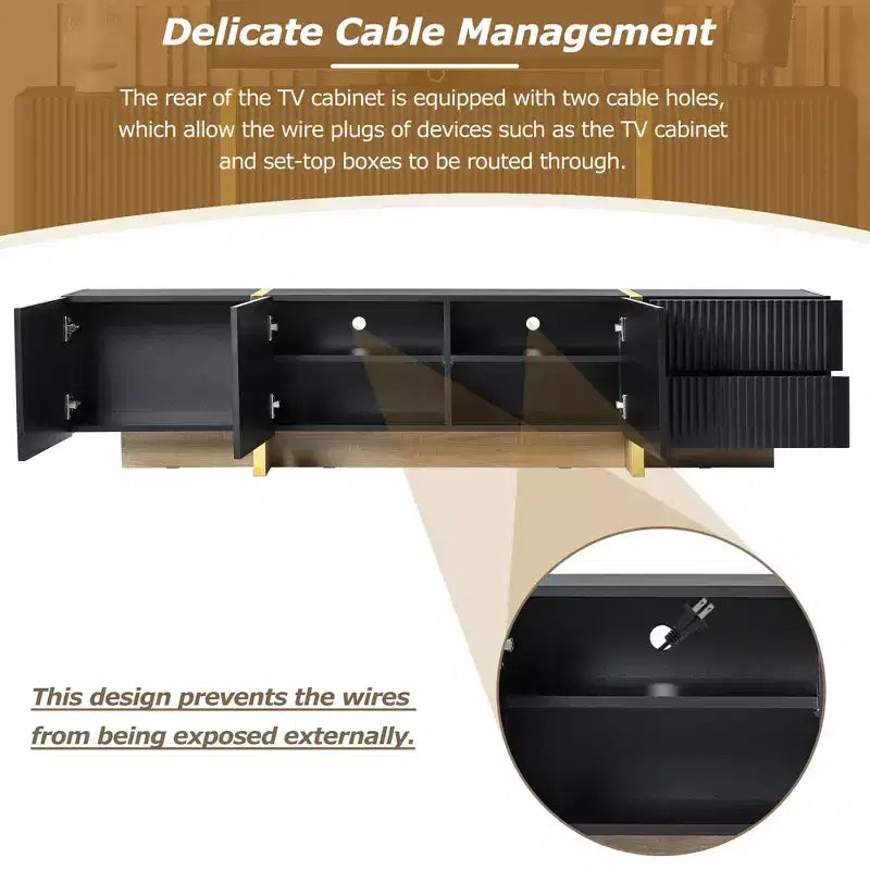 Mobile TV scanalato per TV da 80 pollici con cassetti, mobile porta TV in legno, console multimediale per centro di intrattenimento con gambe in legno a venatura dorata