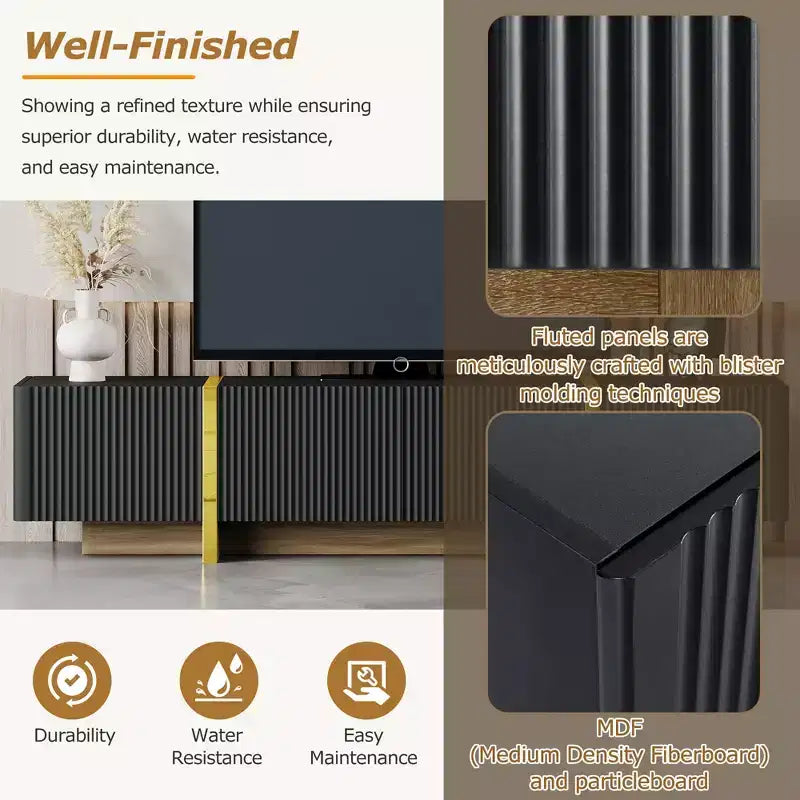 Mobile TV scanalato per TV da 80 pollici con cassetti, mobile porta TV in legno, console multimediale per centro di intrattenimento con gambe in legno a venatura dorata