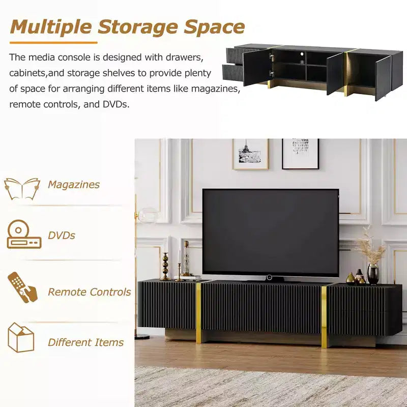 Mobile TV scanalato per TV da 80 pollici con cassetti, mobile porta TV in legno, console multimediale per centro di intrattenimento con gambe in legno a venatura dorata