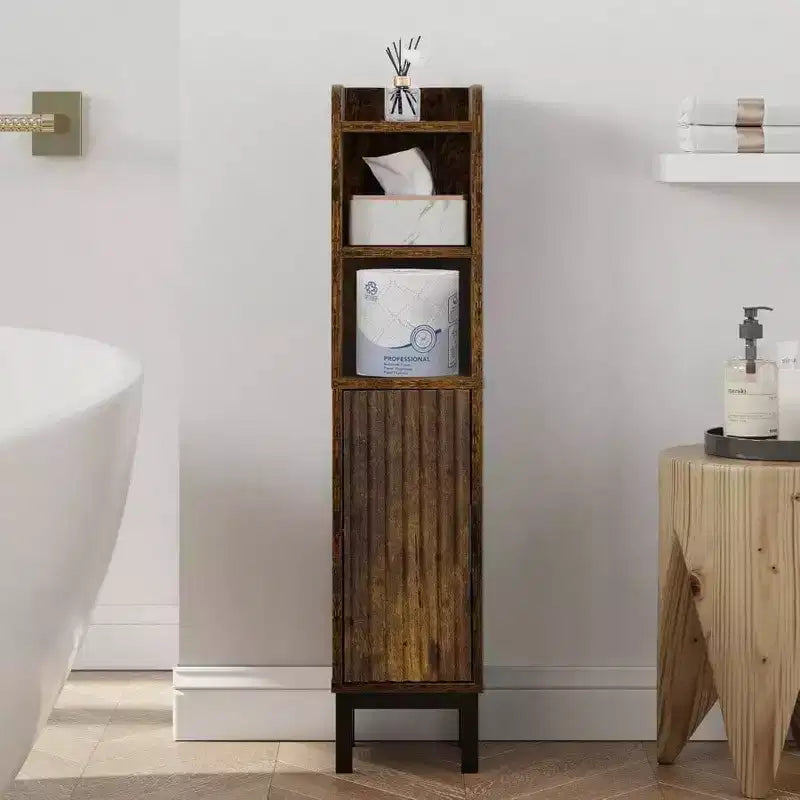 Small Bathroom Storage Cabinet Corner Floor Narrow Toilet Paper Cabinet with Door and Shelves Bathroom