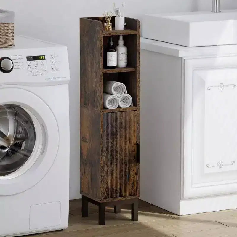 Mobiletto angolare stretto da terra per bagno piccolo con ante e ripiani, per carta igienica