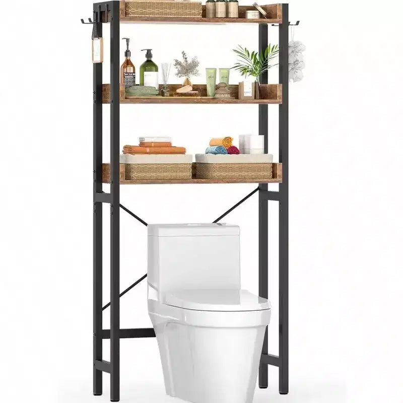 Over - Toilet Storage Rack 3 - Tier Bathroom Organizer Shelf Freestanding Space Saver Rustic Brown with 4 Hooks