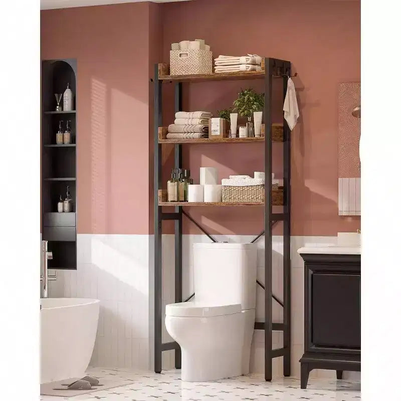 Scaffale portaoggetti da bagno da terra a 3 ripiani sopra il WC, salvaspazio, marrone rustico con 4 ganci