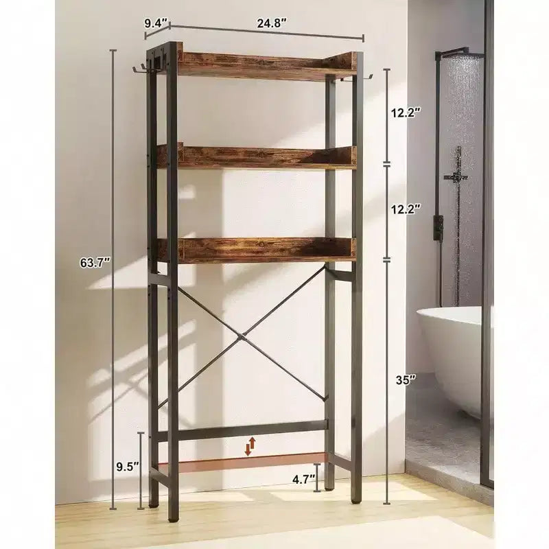 Scaffale portaoggetti da bagno da terra a 3 ripiani sopra il WC, salvaspazio, marrone rustico con 4 ganci