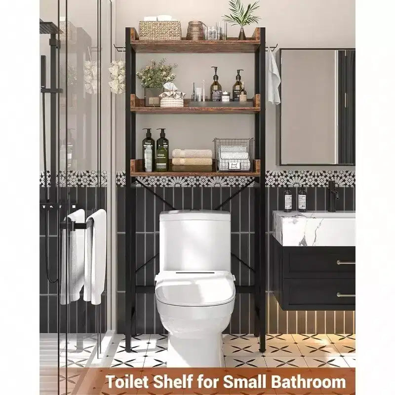 Scaffale portaoggetti da bagno da terra a 3 ripiani sopra il WC, salvaspazio, marrone rustico con 4 ganci