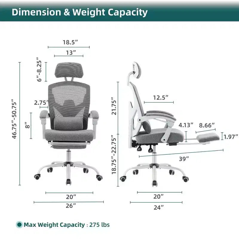 Sedia da ufficio ergonomica con poggiapiedi, schienale alto in rete, poggiatesta regolabile, 125 kg