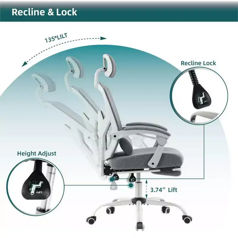 Sedia da ufficio ergonomica con poggiapiedi, schienale alto in rete, poggiatesta regolabile, 125 kg