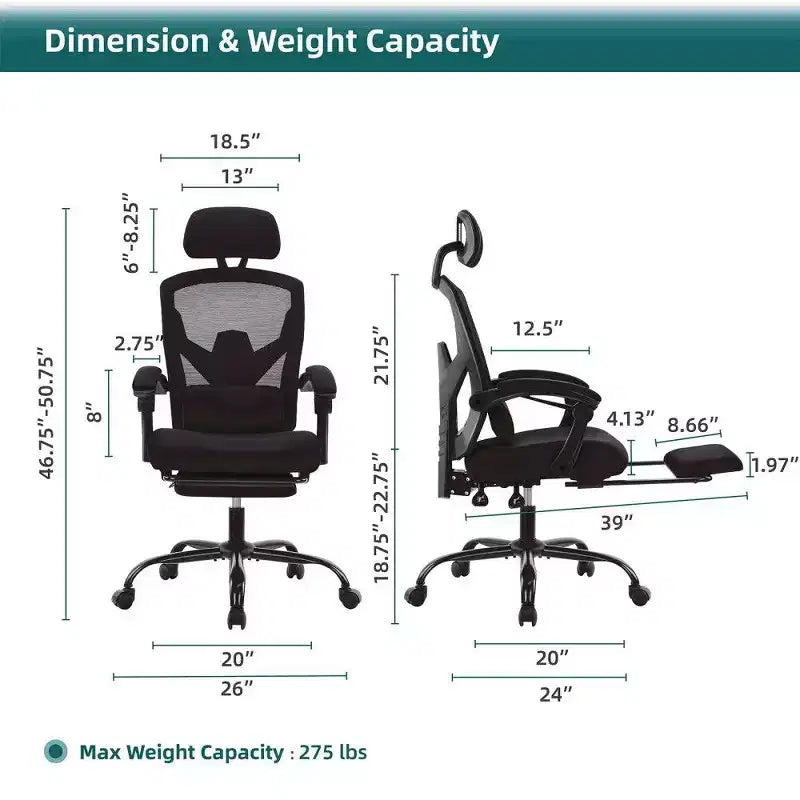 Sedia da ufficio ergonomica con poggiapiedi, schienale alto in rete, poggiatesta regolabile, 125 kg