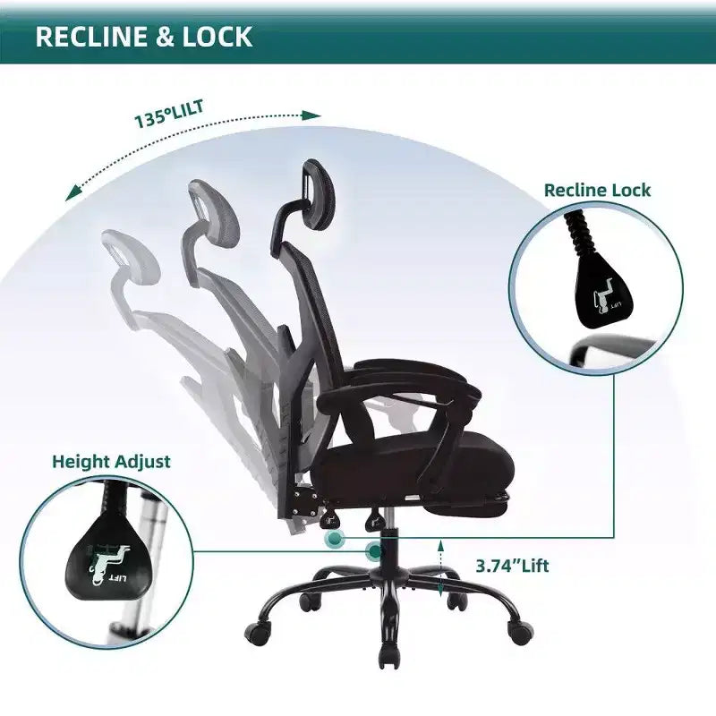 Sedia da ufficio ergonomica con poggiapiedi, schienale alto in rete, poggiatesta regolabile, 125 kg