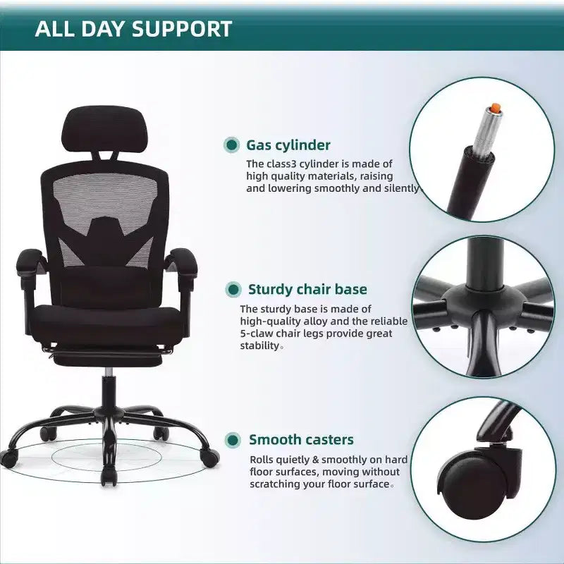Sedia da ufficio ergonomica con poggiapiedi, schienale alto in rete, poggiatesta regolabile, 125 kg
