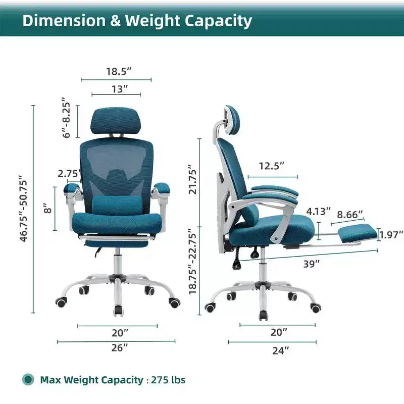 Sedia da ufficio ergonomica con poggiapiedi, schienale alto in rete, poggiatesta regolabile, 125 kg