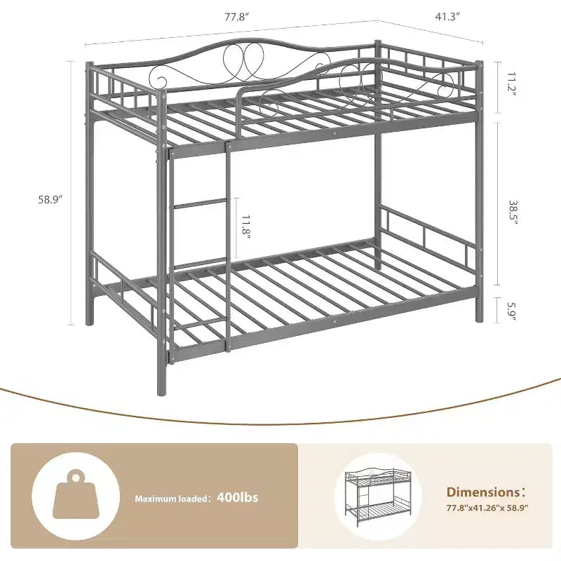 Letto a castello in metallo "Twin Over Twin", 180 kg di portata, con ringhiera di sicurezza, design salvaspazio, non richiede la rete, montaggio facile, letto silenzioso per bambini