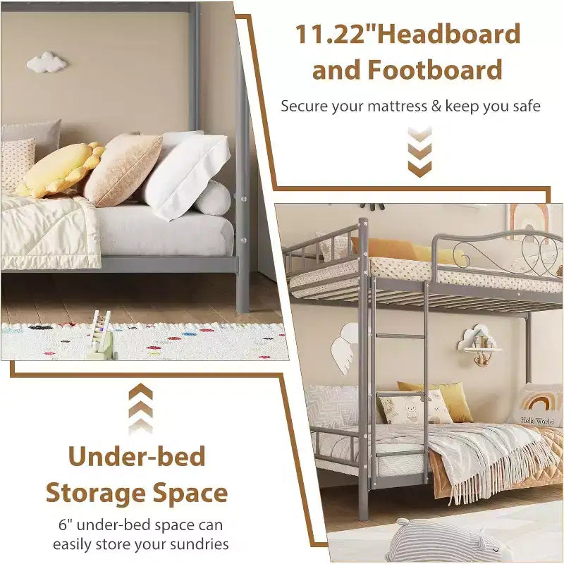 Letto a castello in metallo "Twin Over Twin", 180 kg di portata, con ringhiera di sicurezza, design salvaspazio, non richiede la rete, montaggio facile, letto silenzioso per bambini