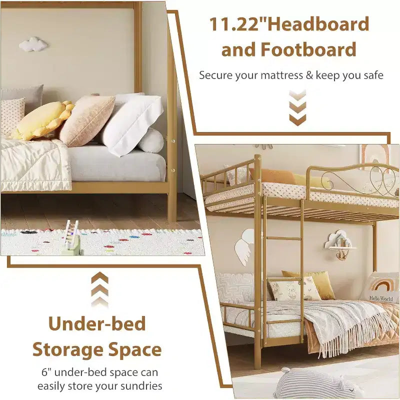 Letto a castello in metallo "Twin Over Twin", 180 kg di portata, con ringhiera di sicurezza, design salvaspazio, non richiede la rete, montaggio facile, letto silenzioso per bambini