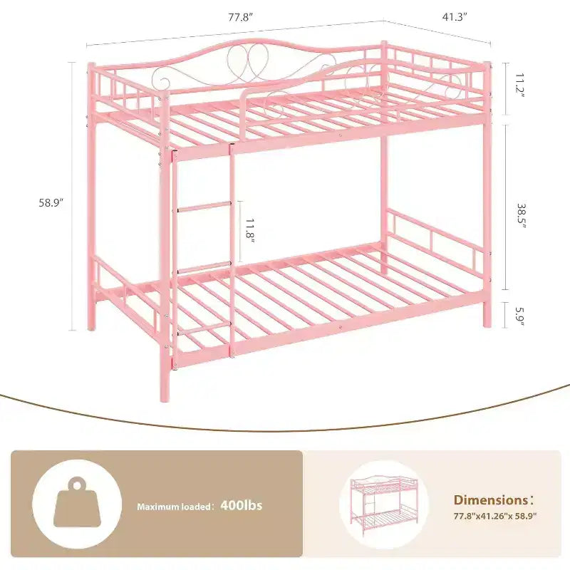 Letto a castello in metallo "Twin Over Twin", 180 kg di portata, con ringhiera di sicurezza, design salvaspazio, non richiede la rete, montaggio facile, letto silenzioso per bambini