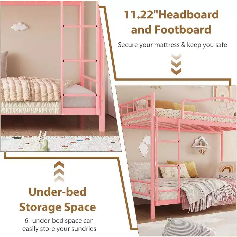 Letto a castello in metallo "Twin Over Twin", 180 kg di portata, con ringhiera di sicurezza, design salvaspazio, non richiede la rete, montaggio facile, letto silenzioso per bambini