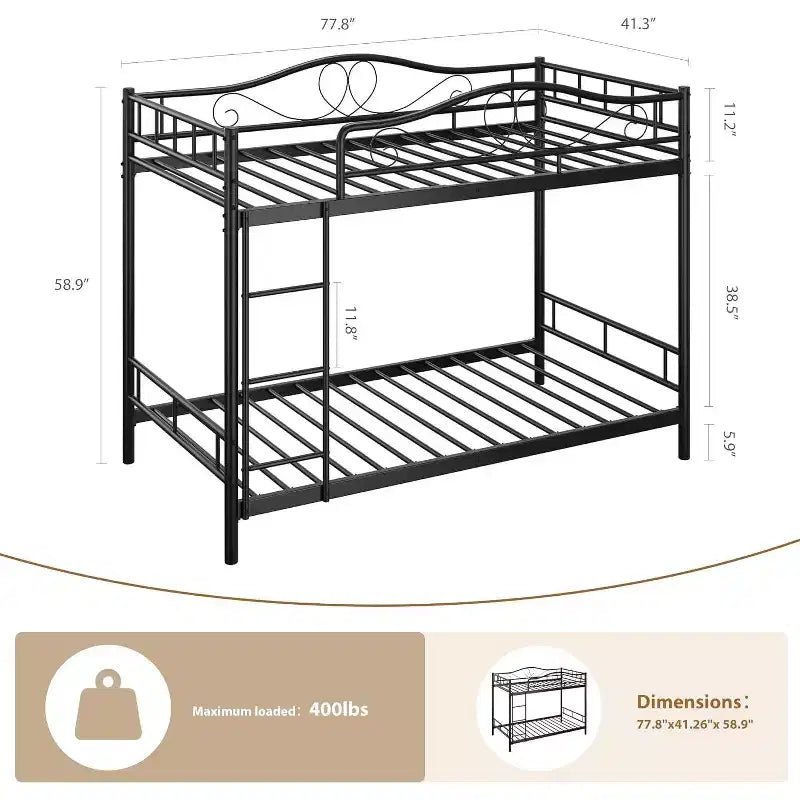Letto a castello in metallo "Twin Over Twin", 180 kg di portata, con ringhiera di sicurezza, design salvaspazio, non richiede la rete, montaggio facile, letto silenzioso per bambini