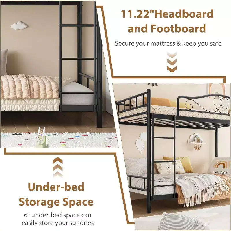 Letto a castello in metallo "Twin Over Twin", 180 kg di portata, con ringhiera di sicurezza, design salvaspazio, non richiede la rete, montaggio facile, letto silenzioso per bambini