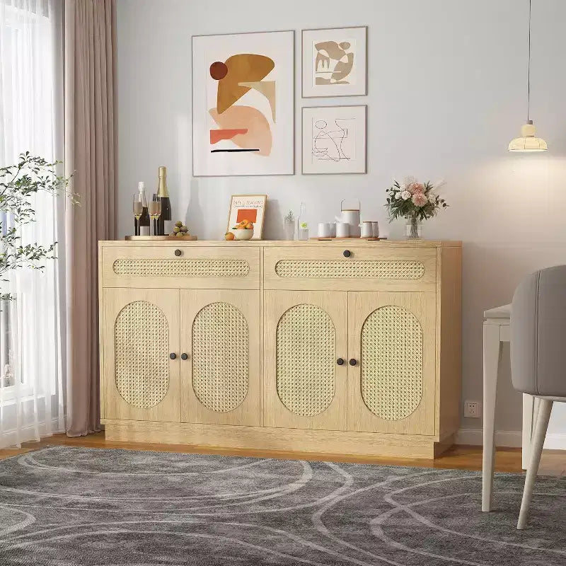 60'' Rattan Sideboard Buffet Cabinet with 2 Drawers & 4 Rattan Doors and Adjustable Shelves & Storage