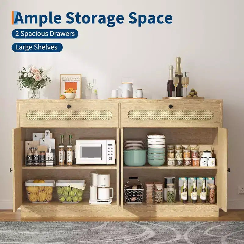 Madia/Credenza in Rattan da 60" con 2 Cassetti e 4 Ante in Rattan, Ripiani Regolabili e Spazio di Archiviazione