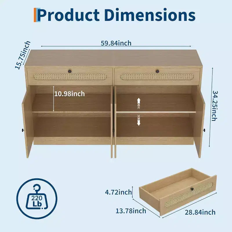 Madia/Credenza in Rattan da 60" con 2 Cassetti e 4 Ante in Rattan, Ripiani Regolabili e Spazio di Archiviazione