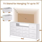 Cassettiera a 12 cassetti per TV da 65 70 75 pollici, mobile extra lungo da 63" W, bianco, per camera da letto con luci LED e prese di corrente, cassetti in tessuto per armadio