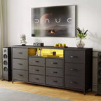 Cassettiera a 12 cassetti per TV da 65 70 75 pollici, mobile extra lungo da 63" W, bianco, per camera da letto con luci LED e prese di corrente, cassetti in tessuto per armadio