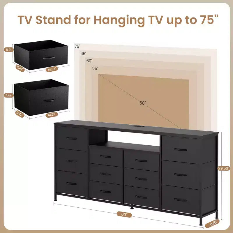 Cassettiera a 12 cassetti per TV da 65 70 75 pollici, mobile extra lungo da 63" W, bianco, per camera da letto con luci LED e prese di corrente, cassetti in tessuto per armadio