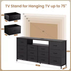 Cassettiera a 12 cassetti per TV da 65 70 75 pollici, mobile extra lungo da 63" W, bianco, per camera da letto con luci LED e prese di corrente, cassetti in tessuto per armadio