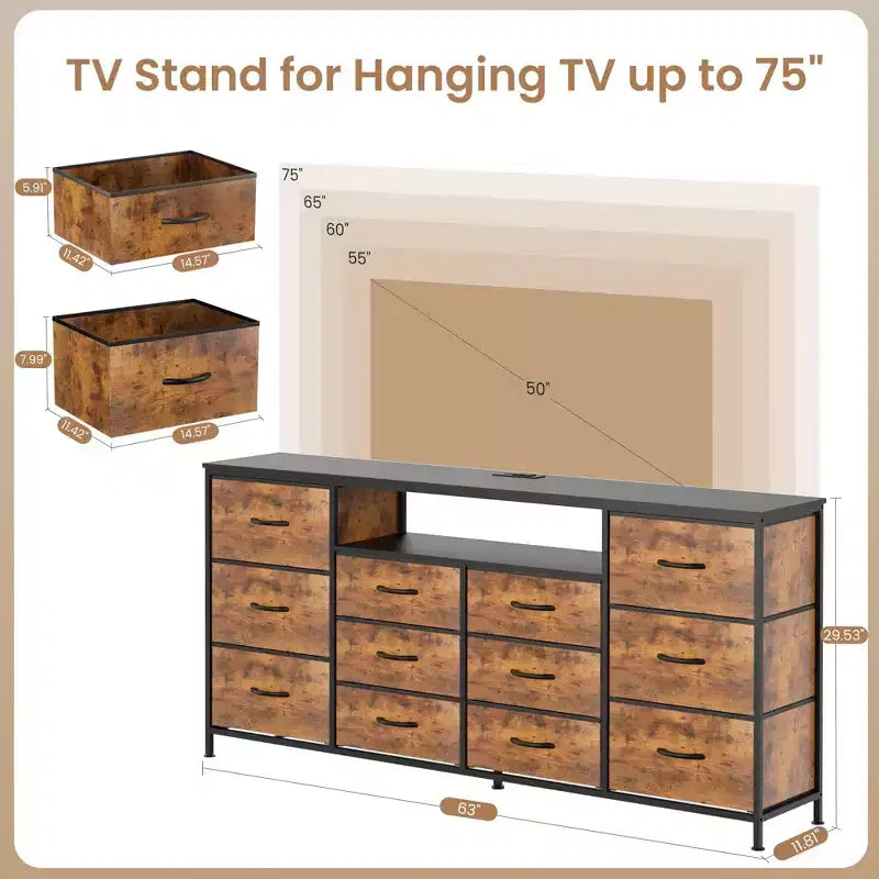 Cassettiera a 12 cassetti per TV da 65 70 75 pollici, mobile extra lungo da 63" W, bianco, per camera da letto con luci LED e prese di corrente, cassetti in tessuto per armadio